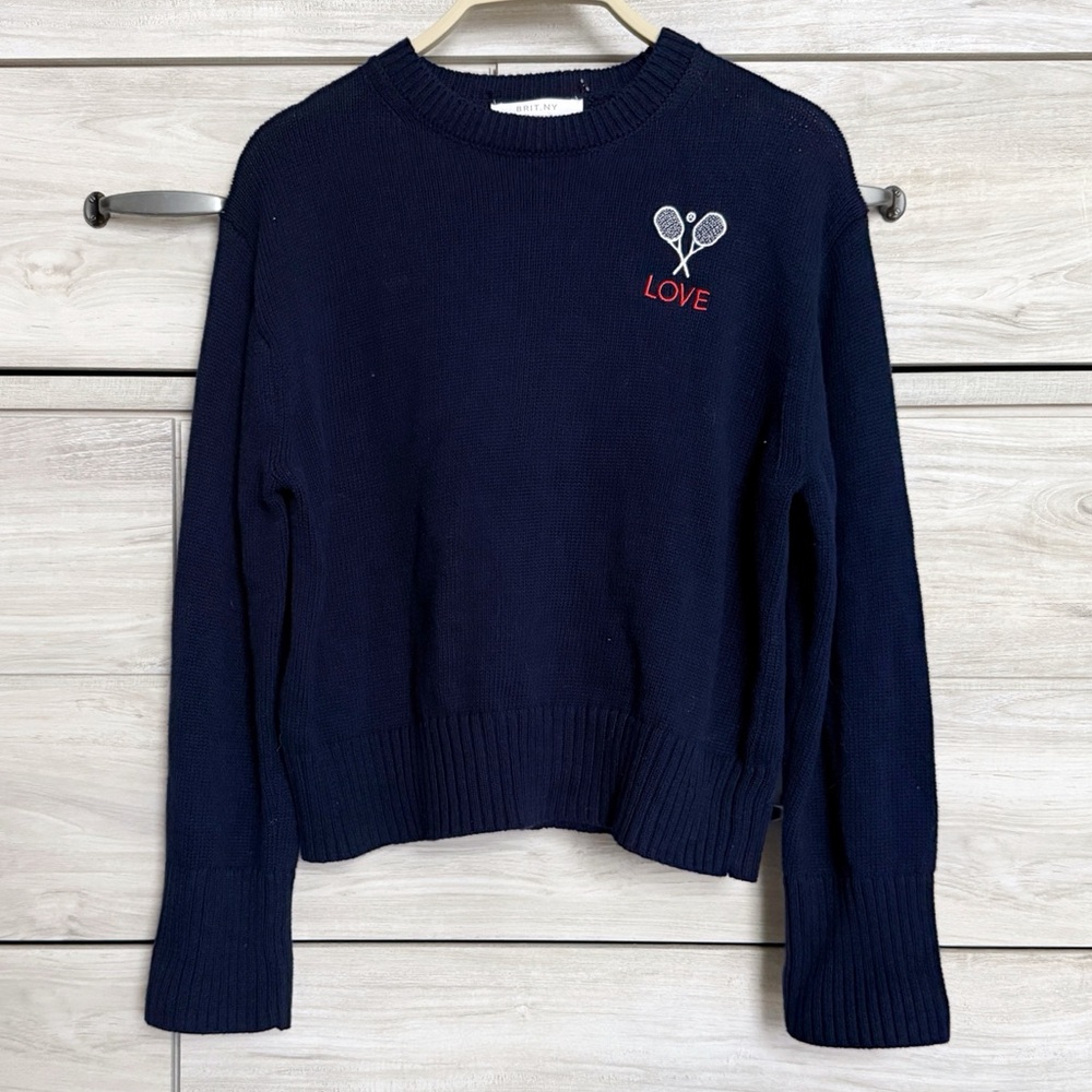 Aritzia Navy 'Love' Tennis Embroidered Crewneck Sweater